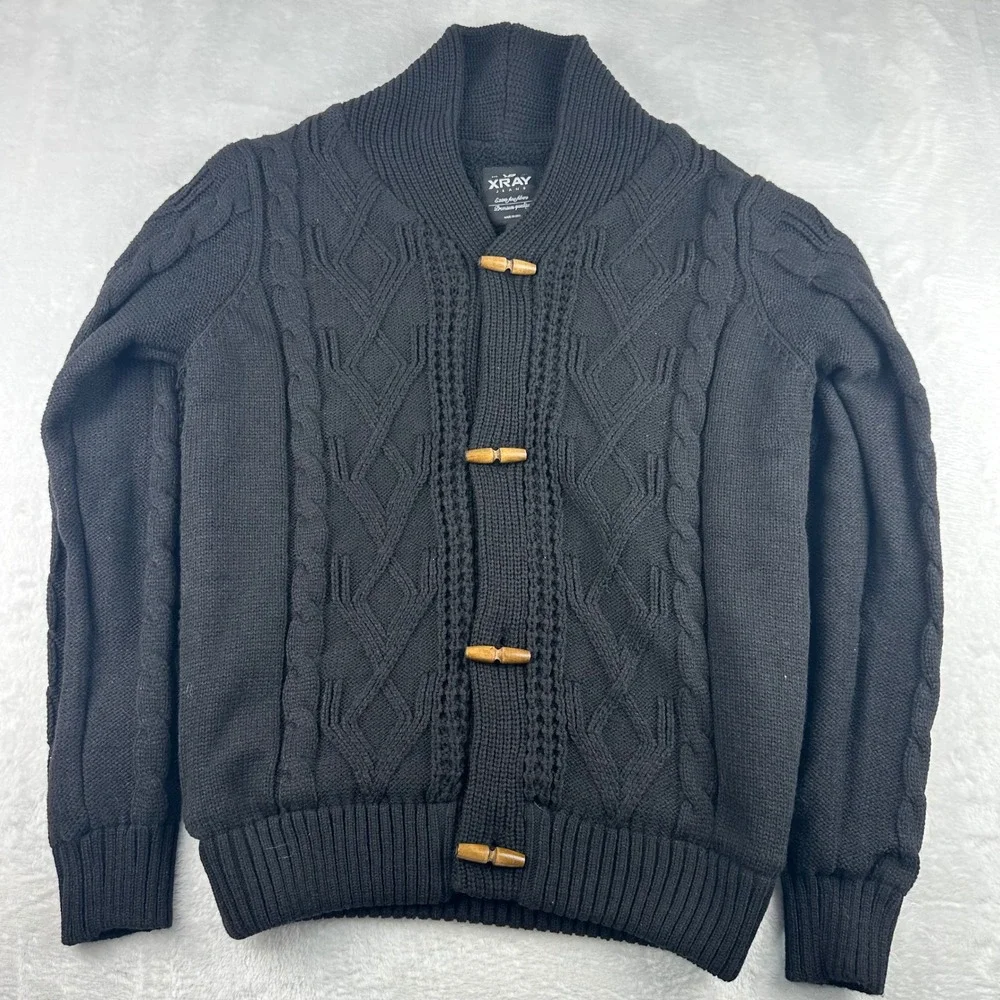XRAY Jeans Mens Black Cable Knit Shawl Collar Toggle Button Cardigan Sweater L